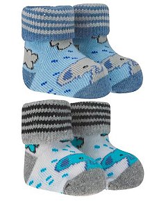 Kit 02 Pares Meias Pantufa ELEFANTE AZUL para  Bebê Recém Nascido