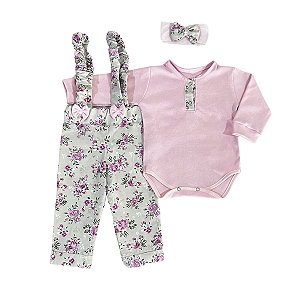 Conjunto Jardineira e Body Manga Curta Ameli Rosa Floral 3 Peças