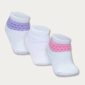 Combo 03 Pares de Meia Persa Para Bebê Menina 0 a 06 Meses - Lilás/Branco/Rosa