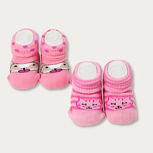 Kit 02 Pares Meias Pantufa para Bebê Recém Nascido - Gatinha e Cachorrinha