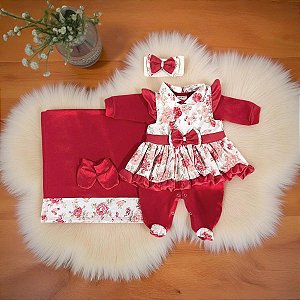 Saída Maternidade Para Bebê Catarina Vermelho 05 Peças