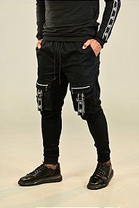 Calça Cargo Preta Elástico Zíper