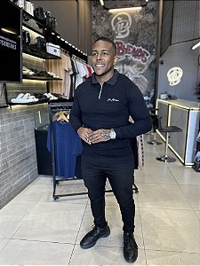 Suéter Preto Zíper Canelado