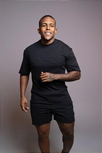 Oversized Preta Algodão Suedine Embossing De Buenas