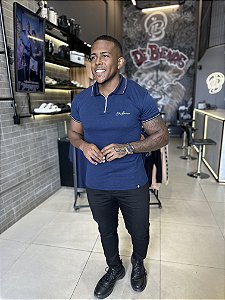 Polo Azul Marinho Suedine Zíper Punho De Buenas