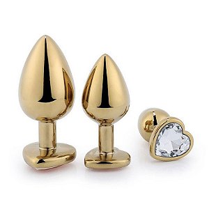 Plug Anal Pequeno Coração Transparente Em Aço Dourado  - 7055
