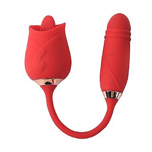 VIBRADOR PONTO G E CLITORIS C/ VAI E VEM FORMATO DE ROSA - 7848