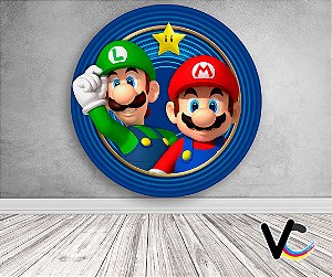 Painel de Festa em Tecido - Mario e Luigi Arco Dourado Fundo Azul
