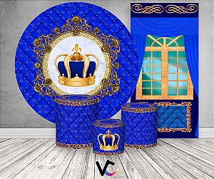 Painel de Festa 3d + Trio Capa Cilindro + Faixa Veste Fácil - Capitone Coroa Realeza Azul Royal Maior