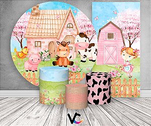 Painel de Festa 3d + Trio Capa Cilindro + Faixa Veste Fácil - Fazendinha Rosa Cute Aquarela