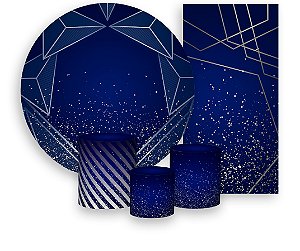 Painel de Festa 3d + Trio Capa Cilindro + Faixa Veste Fácil - Azul Geométrico Prateado Efeito Glitter