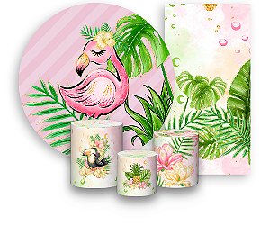 Painel de Festa 3d + Trio Capa Cilindro + Faixa Veste Fácil - Flamingo Tropical Rosa