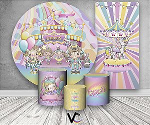Painel de Festa 3d + Trio Capa Cilindro + Faixa Veste Fácil - Circo Rosa Candy Color