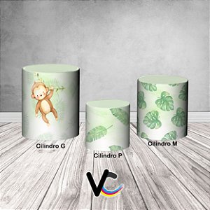 Trio De Capas De Cilindro 3d - Safari Cute Aquarela Folhas e Flores Verde