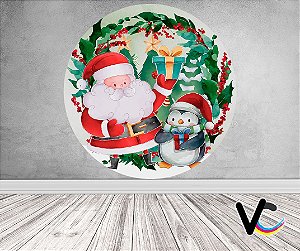 Painel de Festa em Tecido -  Natal Papai Noel com Pinguim Aquarela
