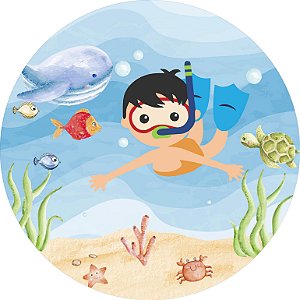 Painel de Festa em Tecido - Fundo do Mar Mergulhador Cute Aquarela