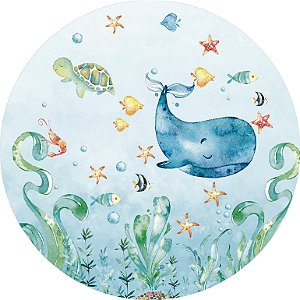 Painel de Festa em Tecido - Fundo do Mar Aquarela Cute Baleia