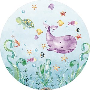Painel de Festa em Tecido - Fundo do Mar Aquarela Cute Baleia 2