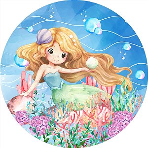 Painel de Festa em Tecido -Fundo do Mar Aquarela Cute Sereia