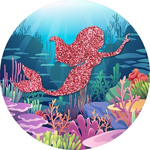 Painel de Festa em Tecido - Sereia fundo do Mar Efeito Glitter Rosa