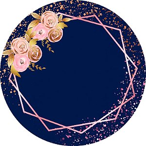 Painel de Festa em Tecido - Geométrico Flores Gold Efeito Glitter Rose fundo Azul Marinho
