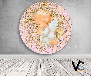 Painel de Festa em Tecido -  Anjinho Efeito Glitter dourado rosa Candy