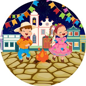 Painel de Festa em Tecido - Festa Junina Crianças Dançando Noite 03