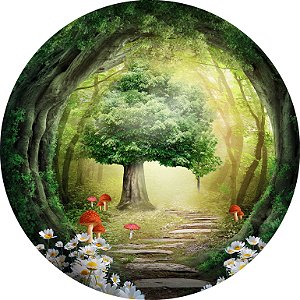 Painel de Festa em Tecido - Floresta Bosque com Cogumelos