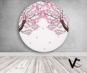 Painel de Festa em Tecido - Jardim Rosa Árvores de Cerejeira Sakura