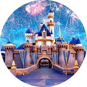 Painel de Festa em Tecido - Castelo da Disney a Noite com Fogos de Artifício