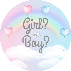 Painel de Festa em Tecido - Chá Revelação Girl or Boy fundo Cute com Arco Iris e Balões