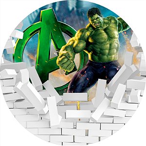 Painel de Festa em Tecido -  Hulk Quebrando Muro Branco Logo Vingadores