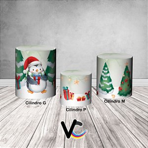 Trio De Capas De Cilindro 3d - Natal Papai Noel com Pinguim Aquarela