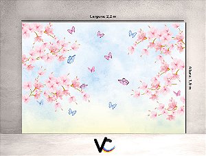 Fundo Fotográfico - Flores Sakura Borboletas - 2,20 X 1,50