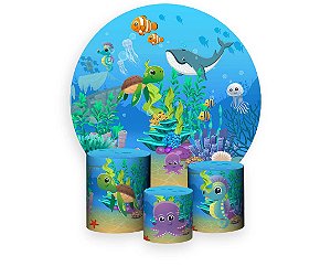 Painel de Festa 3d + Trio Capa Cilindro - Fundo do Mar Cute Mar Azul Bebê