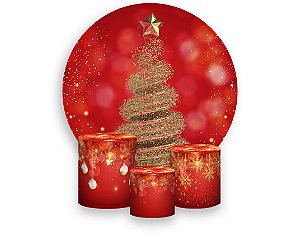 Painel de Festa 3d + Trio Capa Cilindro - Natal Árvore Com Efeito Glitter 01