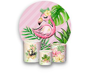 Painel de Festa 3d + Trio Capa Cilindro - Flamingo Tropical Rosa
