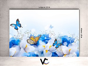 Fundo Fotográfico - Flores Azuis Branca e Borboletas - 2,20 X 1,50