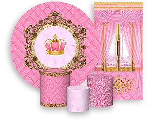 Painel de Festa 3d + Trio Capa Cilindro + Faixa Veste Fácil - Capitone Coroa Realeza Rosa