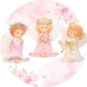 Painel de Festa em Tecido - Batizado Três Anjinhas Aquarela Flor