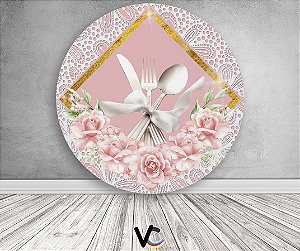 Painel de Festa em Tecido - Chá de Cozinha Floral Rosa Rendado