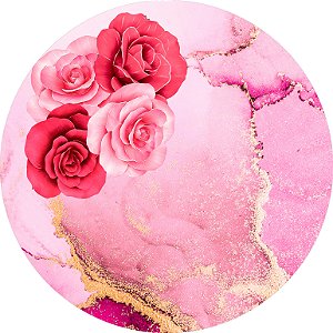 Painel de Festa em Tecido - Efeito Marmorizado Rosa Com Flores Douradas