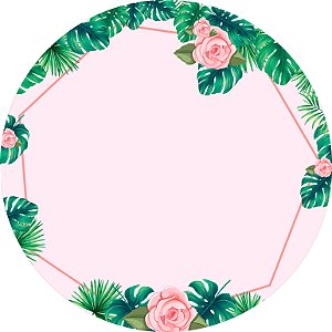 Painel de Festa em Tecido - Tardezinha Folhas Tropicais Flores Geometrico Rosa
