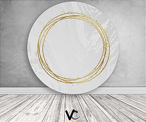 Painel de Festa em Tecido - Efeito Marmore Branco Circulo Dourado