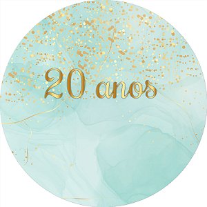 Painel de Festa em Tecido - Efeito Glitter Dourado e Marmore Tiffany 20 anos