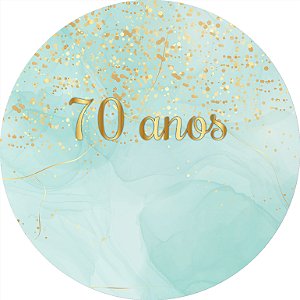 Painel de Festa em Tecido - Efeito Glitter Caindo Dourado e Marmore Tiffany 70 anos