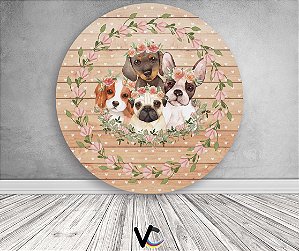 Painel de Festa em Tecido - Pet Cachorrinhos Madeira Floral