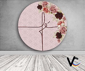 Painel de Festa em Tecido - Fé Geometrico Floral Marsala com Rosa