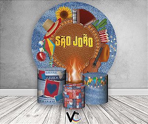 Painel de Festa 3d + Trio Capa Cilindro - Festa Junina São João Efeito Textura Jeans