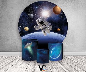 Painel de Festa 3d + Trio Capa Cilindro - Astronauta Galáxia Planetas